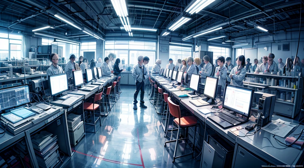 a group of young male scientists working in a laboratory, mature female scientists, extremely detailed, 8k, high quality, photorealistic, professional, scientific equipment, beakers, microscopes, test tubes, complex machinery, modern interior, sleek design, bright lighting, subtle color palette, focused expressions, serious demeanor, teamwork, collaboration, scientific breakthrough, cutting-edge research