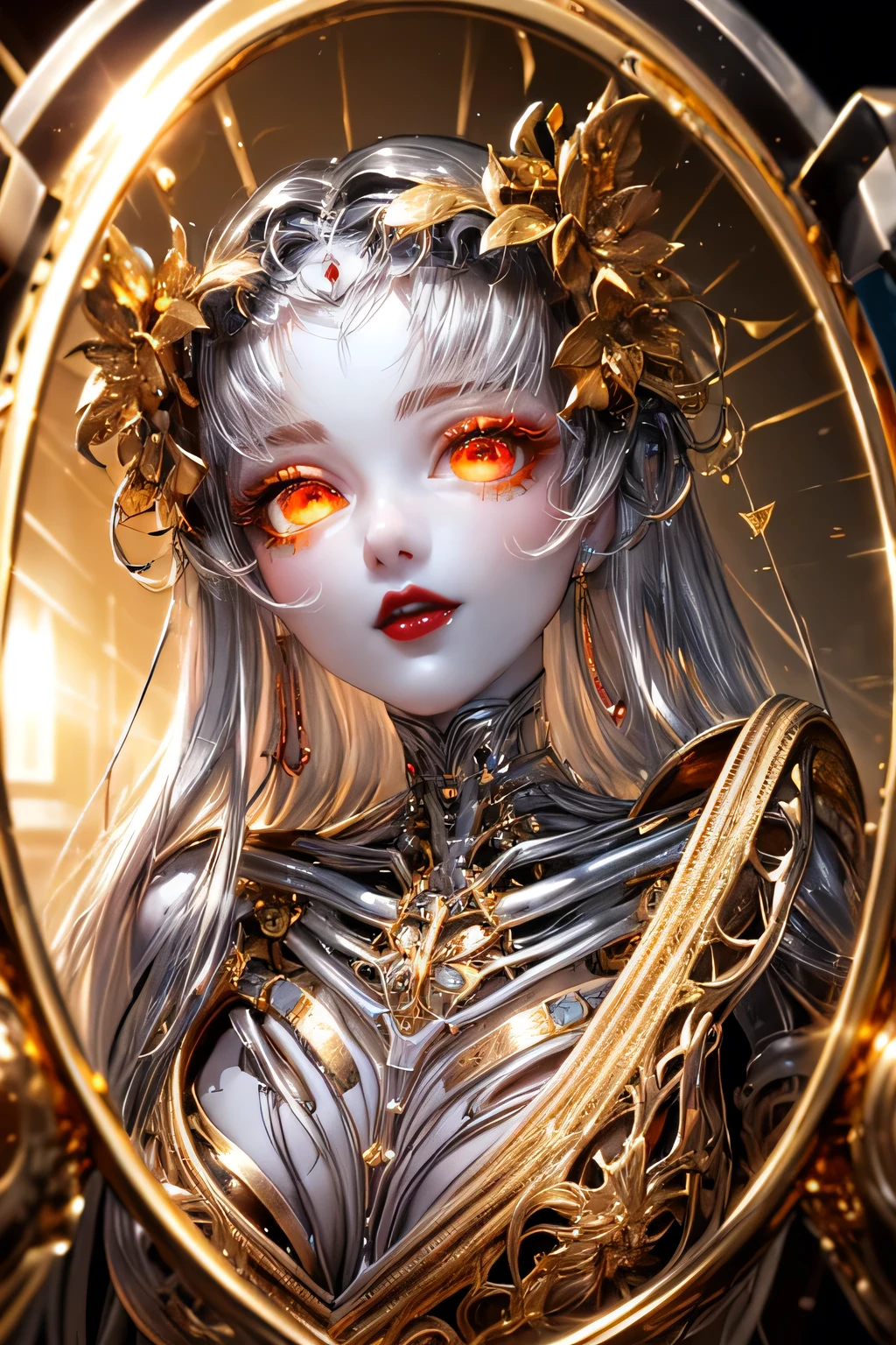 highest quality, masterpiece, High resolution, (Exquisite body: 1.5), Gorgeous face, (metal skin: 1.3), Intricate details, High resolution, wallpaper, whole body, 
whole bodyショット, 1 Girl, Transparent robot body, Naked skeleton, tied to a transparent tube, (((((Gold and silver body parts)))), Pretty, beautiful, perfect face, Big eyes, Silver floating hair, Natural pose, 
16k, High resolution, High Resolution, Depth Field, (Film Grain: 1.1), Book, Golden Hour, (Lens flare), Vignette, rainbow, (Color Grading: 1.5)