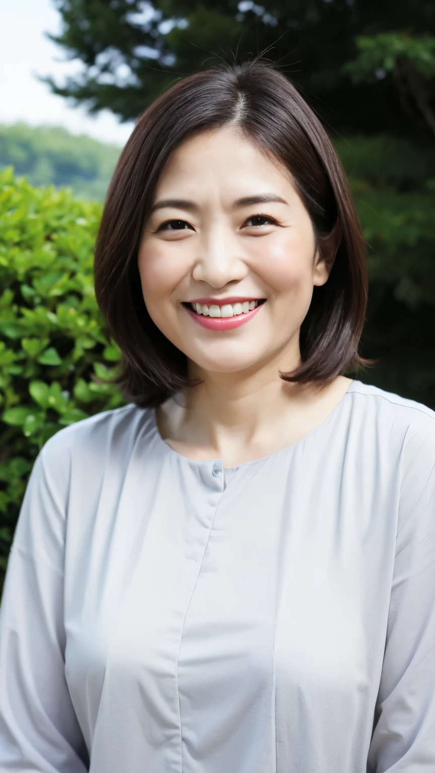 Standing in the park, Wrinkles around the eyes, Smiling with teeth showing, Plain short-sleeved clothing, senior citizen, Draw lips correctly, Red lipstick, No discomfort, 16K, Highest quality, Very detailed, Realistic, Very detailed肌, (Japanese), (alone), 100 years old, Large Breasts, , Glamour, sexy, Chromo White Skin, Staring straight ahead,