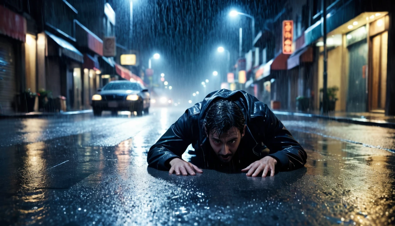 Scary horror image of a man in the middle of the street , a lying on the floor , with Image of rain at night, PICTURE REALISTIC, high resolution, 8k