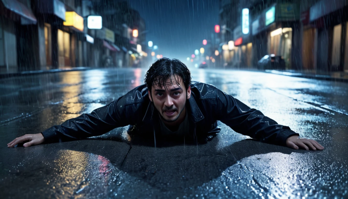 Scary horror image of a man in the middle of the street , a  lying on the floor , with Image of rain at night, PICTURE REALISTIC, high resolution, 8k 