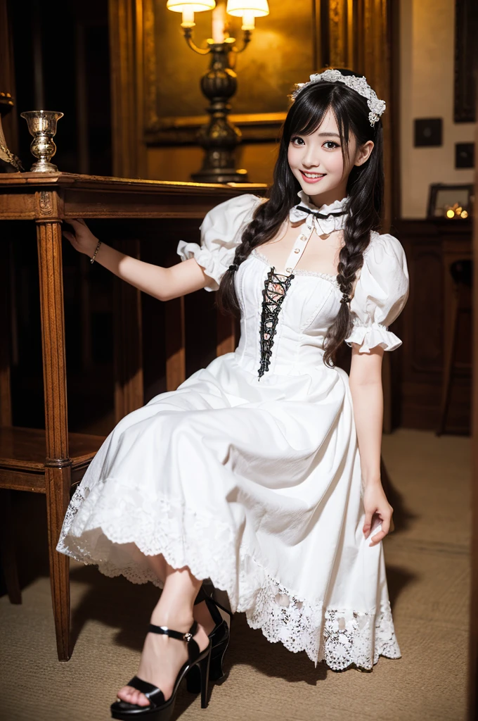 (Only one person), Pure Japanese young girl, wearing white gothic Lolita style dress and accessories, stockings, high heels, vivid makeup and lips, thick eyebrows, arranged hair styles, sweet smile, sitting in antique gothic style interior, summer midnight, pop atmosphere, dazzle me, professional photography,