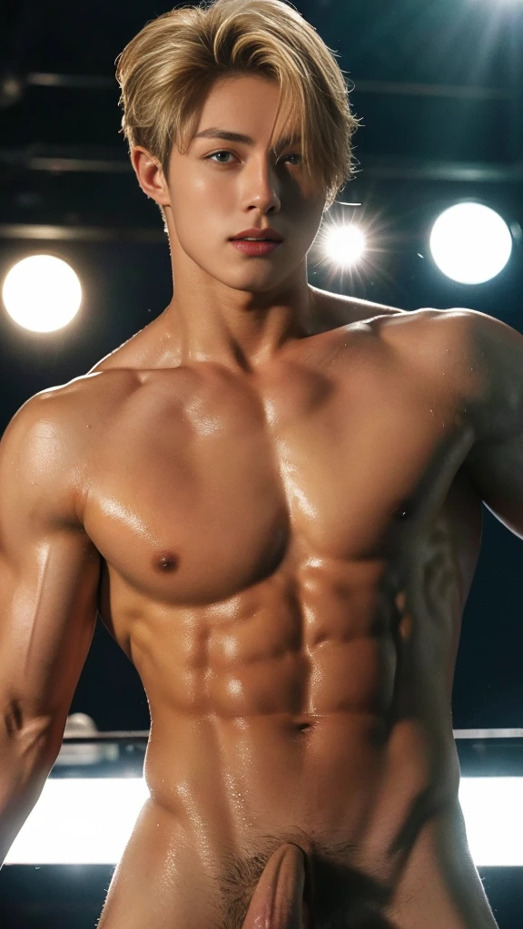 Photorealistic: 1.2, Top Quality, detailed face , 8k, Wet: 1.3), (naked Man, hands on his chest), 20-year-old blonde  Ukrainian bodybuilder, blonde handsome actor with erotic costumes , in a gay club, his penis  is get sucked on the stage  by another men , oral  sex, no underwear, (sweat: 1.2, wet: 1.2), fine skin, (film lighting, chest hair, arm hair), soft light, double eyelids, green eyes , (seductive), (((excited)), long big dick, huge penis, the most perfect penis , big ass , cum on the face 