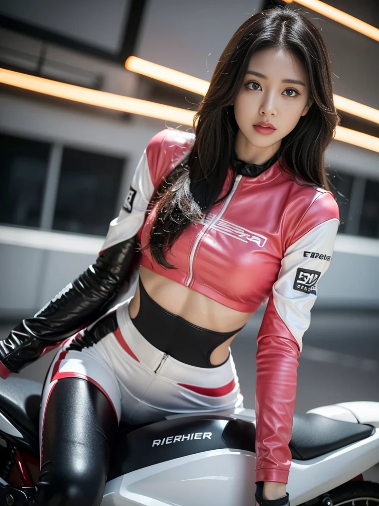 1 sister，Wearing a tight pink and white racing suit，Big goals legs coming towards you，Hold the handlebars of your motorcycle，(Riding a motorcycle:1.2)，navel，Just looking at the audience，midnight street，light，National Foundation，（（best quality，8k，masterpiece：1.3））），Stay focused：1.2，（Layered pruning，Big goals：1.2），Beautiful woman，Have a perfect body：1.4，Lean abdominal muscles：1.2，Wet：1.5，Highly detailed face and skin textures，Exquisite eyes，Double eyelids，Long gray hair