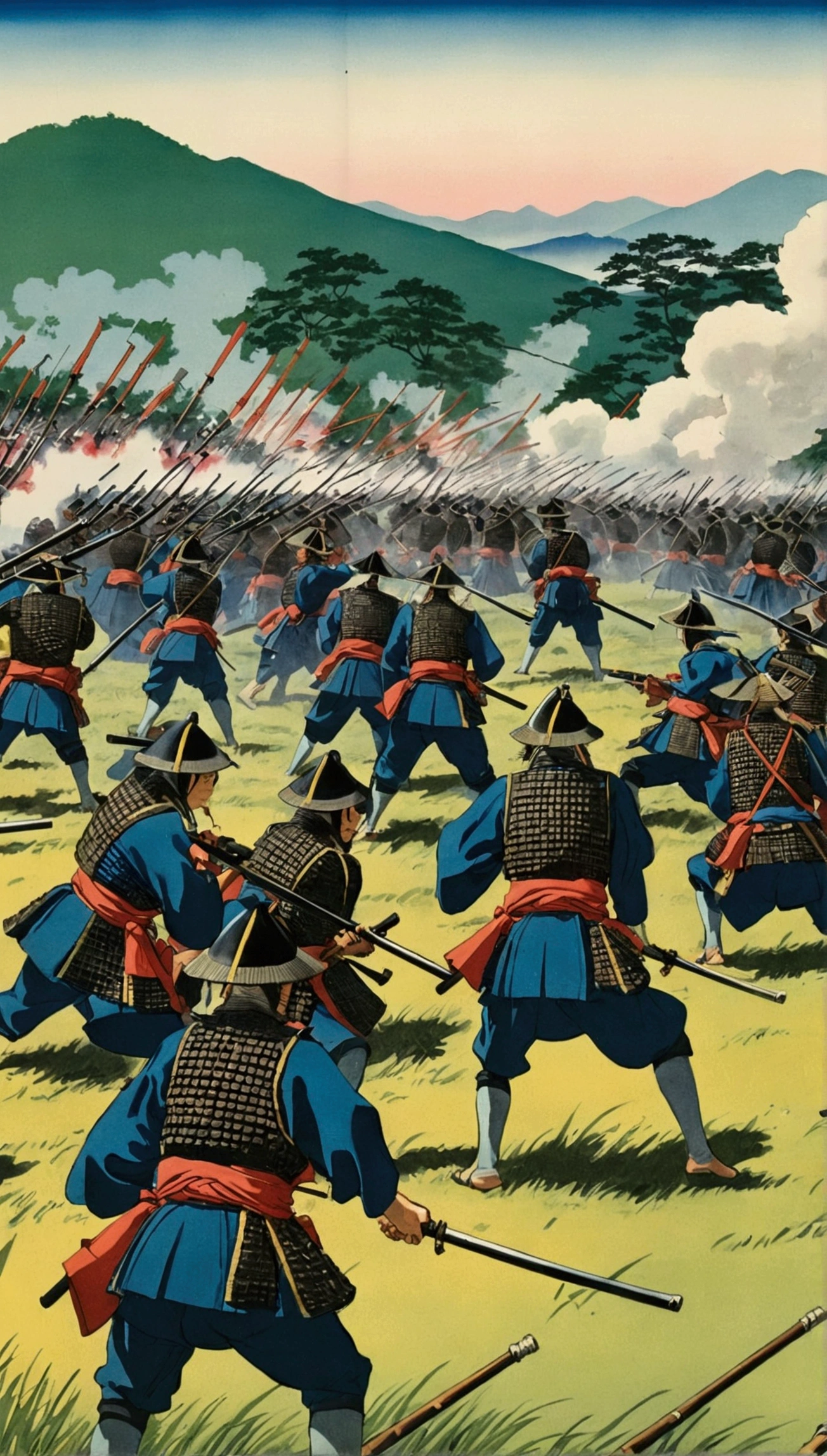 A scene from the Battle of Nagashino, with samurai firing arquebuses (Japanese matchlock guns), Oda Nobunaga's troops in disciplined formation.