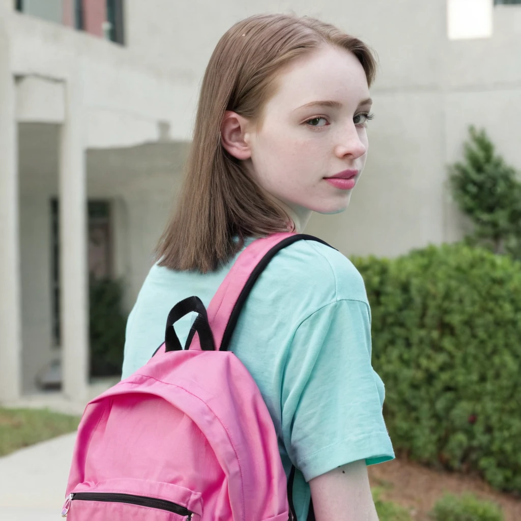 Ponytail hair pale skin teen with pink backpack view from side  