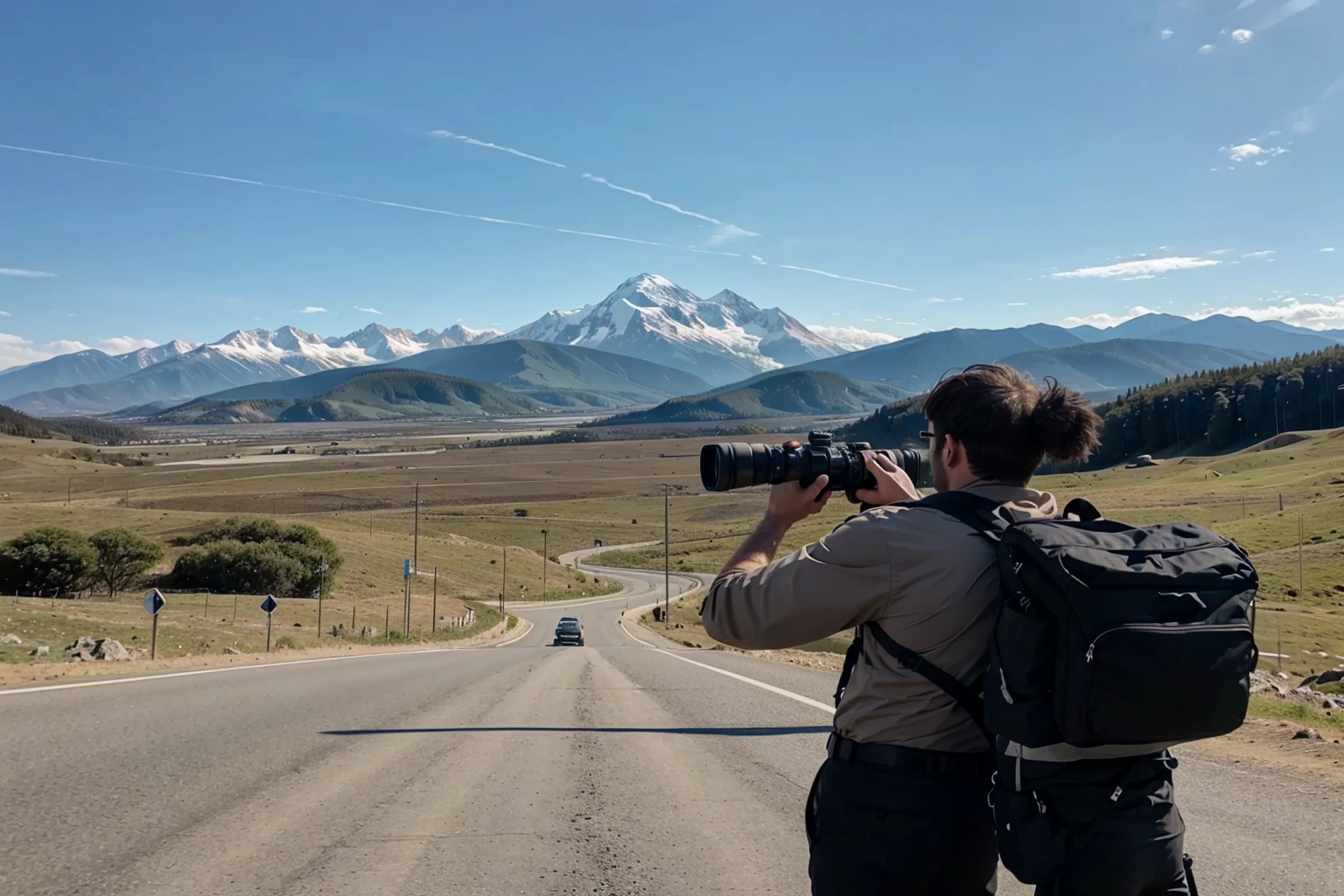 Man carrying a tripod to take pictures Facing forward, behind us is a mountain view with a road.