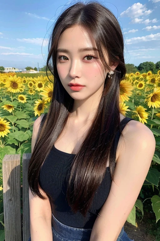 (masterpiece:1.3), (8k, Realistic, RAW Photos, Best image quality: 1.4), (Random Hairstyles:1.2)、Mid-chest、Highly detailed face、Attention to detail、double eyelid、Sharp focus:1.2、Beautiful woman:1.4、25 year old woman、Black Hair、Chest-length hair、Sleeveless jacket、Fluttering skirt、Highest quality、masterpiece、Ultra-high resolution、(Realistic:1.4)、super high quality、Symmetrical face、The face is very realistic、Photo level、8k最高画質はフル、Sebaceous reflex、The face is very realistic、Extremely realistic skin、Realistic light and shadow effects、(outside、Sunflower field)、(From the waist up)