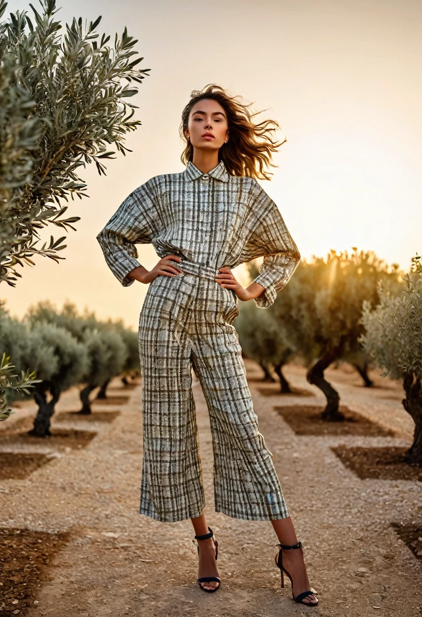 ((best quality)), ((masterpiece)), (detailed), full body shot, fashion photo shot, dynamic pose, dynamic angle, sunsetting in the background, young italian woman, wearing Dior apparel. she is looking off at the sunset, olive trees in the distance