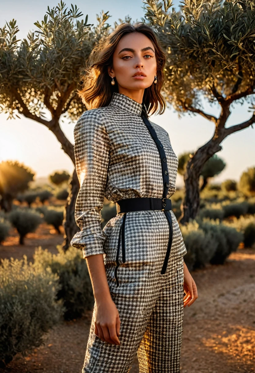 ((best quality)), ((masterpiece)), (detailed), full body shot, fashion photo shot, dynamic pose, dynamic angle, sunsetting in the background, young italian woman, wearing Dior apparel. she is looking off at the sunset, olive trees in the distance