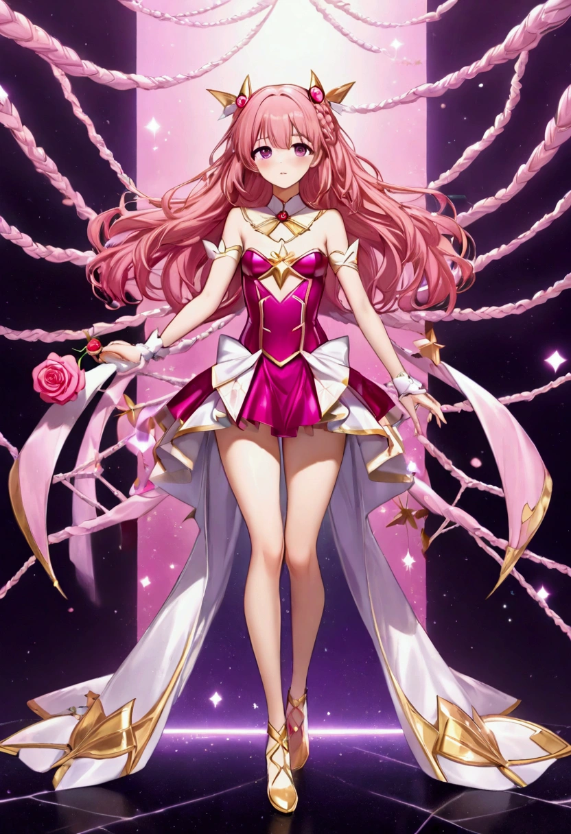 Create an anime-style girl with (((deep magenta eyes and long, wavy pink hair))) ((styled in an elegant frenchbraid)). (((She is slender, and with small breasts))). ((Ensure a full-body shot of her)) wearing a (((pink, gold, and rose gold color magical girl-themed outfit.))) ((The outfit features a spider and spider web theme.)) The overall look is regal and ethereal, with magical glowing effects. cutesexy, purinpuon pixiv, no future, a hyperrealistic , hyperrealistic , realistic , seductive (anime girl), smooth anime cg art, beautiful alluring anime , (purinpuon pixiv), ((magical girl)), (masterpiece), best quality, expressive eyes, perfect face ((Highest quality))、((8K))、(((8k wallpaper))) ((Full Body Shot: 1.5))、ultra detailed, masterpiece, best quality, solo ((purinpuon pixiv, no future)) (((purinpuon pixiv, no future)))