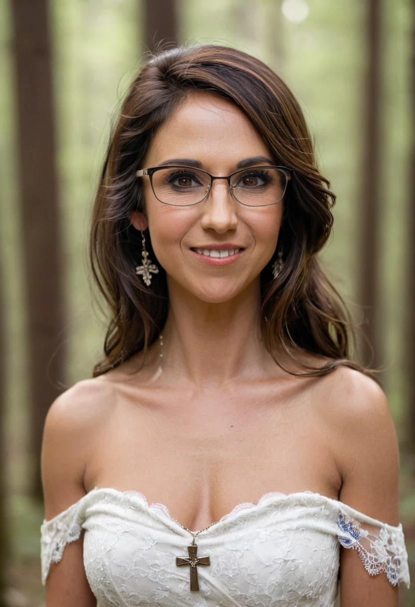 Lauren Boebert, full body shot, 35 year old woman, small and dainty Christian cross necklace, glasses, brown eyes, beautiful hair, slightly wrinkled skin, wedding dress, lace, off shoulder, cleavage, standing outside in beautiful forest, bokeh,f1.4,40mm,photorealistic,raw,8k,skin pores,dried-up,textured skin,intricate details,dramatic light,award winning,style by Dan Winters,RAW photography,film grain,(indistinguishable from reality:1.4),photo taken with a Bolex H16,captivating eyes,smiling,charming,striking features,character,thorough,