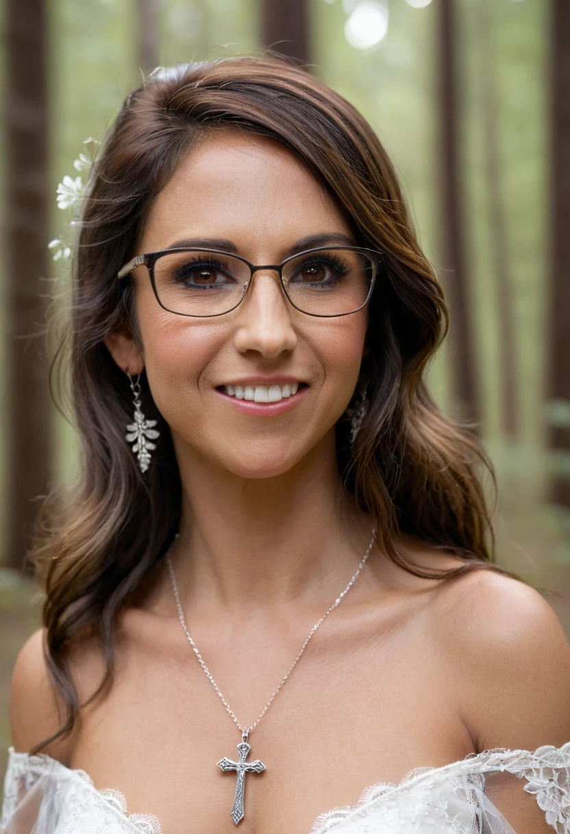 Lauren Boebert, full body shot, 35 year old woman, small and dainty Christian cross necklace, glasses, brown eyes, beautiful hair, slightly wrinkled skin, wedding dress, lace, off shoulder, cleavage, standing outside in beautiful forest, bokeh,f1.4,40mm,photorealistic,raw,8k,skin pores,dried-up,textured skin,intricate details,dramatic light,award winning,style by Dan Winters,RAW photography,film grain,(indistinguishable from reality:1.4),photo taken with a Bolex H16,captivating eyes,smiling,charming,striking features,character,thorough,