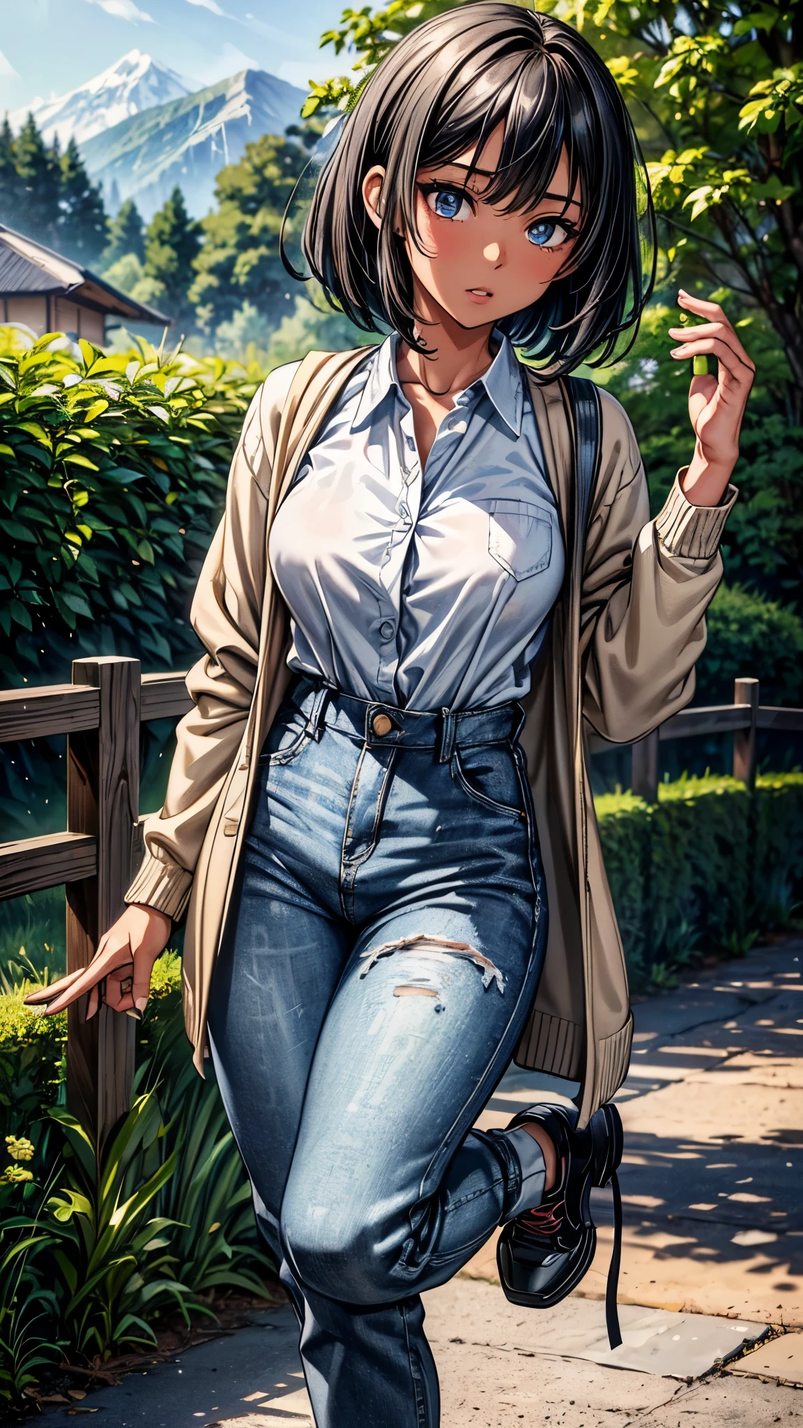 ((look away2.0)),((face close up)),beautiful detailed eyes, beautiful detailed lips, extremely detailed eyes and face, longeyelashes, 1 Japanese girl, outside the countryside,,((dark skin color2.0)), (very short black hair),displeased,casual ((white shirts),((long cardigan)),((denim long pants)),((high-waist pants)),blue sneaker, rucksack, walk the countryside,best quality, 4k, 8k, highres, masterpiece:1.2, ultra-detailed, realistic, photorealistic, photo-realistic:1.37, HDR, UHD, studio lighting, ultra-fine painting, sharp focus, physically-based rendering, extreme detail description, professional, vivid colors, bokeh, portraits