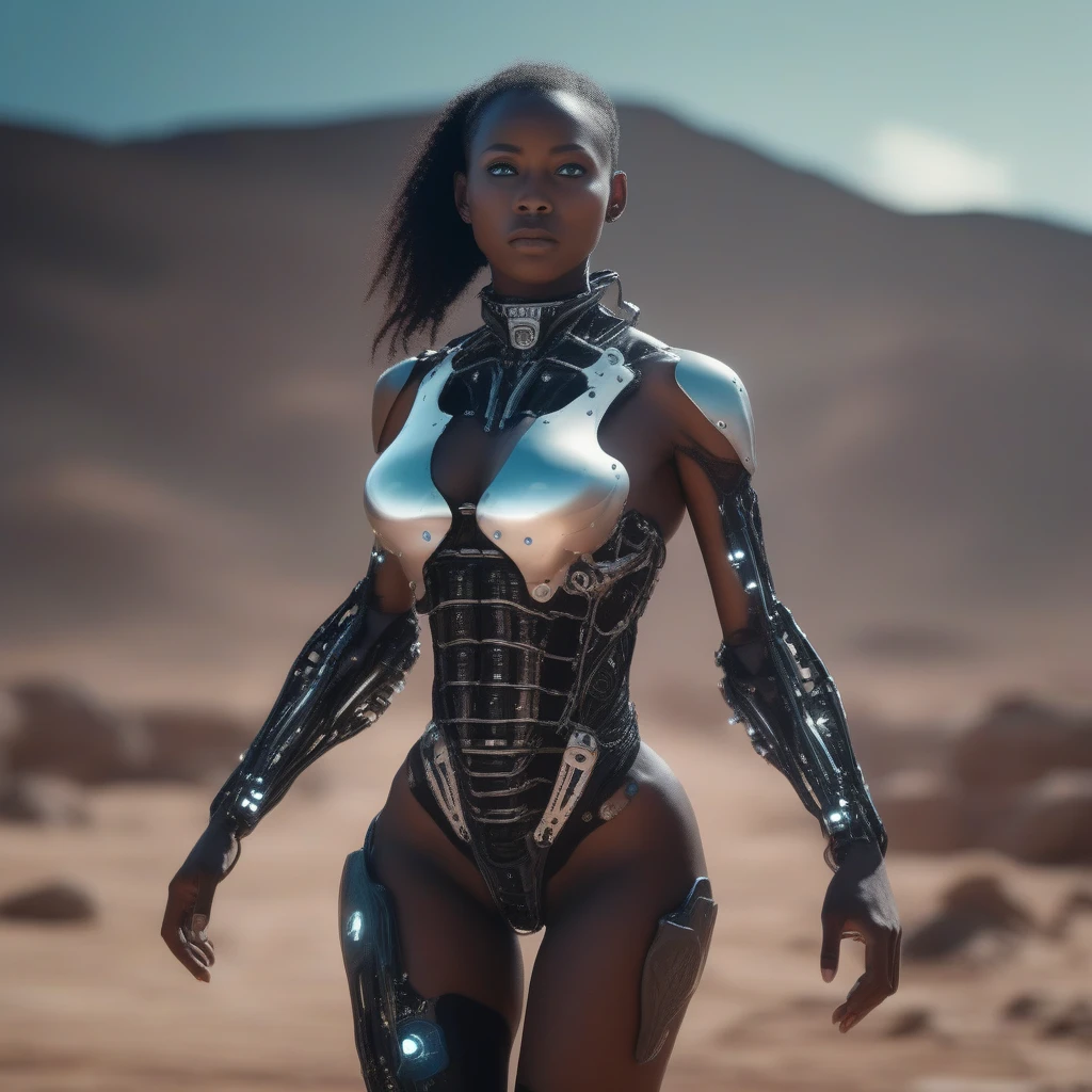 8K, Raw photo, highest quality, masterpiece, realistic, Photoreal, Very Long Shot, aerial view, cinematic lighting, beautiful female cyborg with exposed mechanical parts, dark skin, and artificial eyes, She wears it confidently, black showcasing breasts beneath. Dynamic shooting poses to showcase her agility as she moves through the futuristic landscape, breaking off the heavens