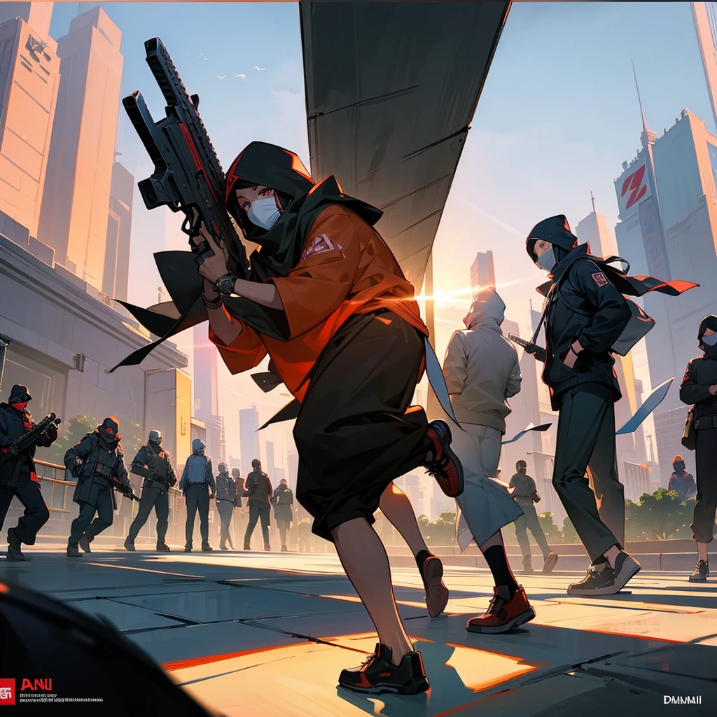 an manga image of an asian gang with ski masks with guns walking on the sidewalk at the entrance of a dubai bankrready to rob it and the sign of the bank says "بنك دبي". in arabic the roads are crowded with traffic and people, the dubai skyline, at sunset, clear skies,