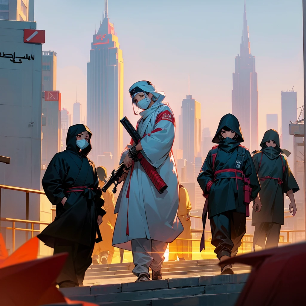 an manga image of an asian gang with ski masks with guns walking on the sidewalk at the entrance of a dubai bankrready to rob it and the sign of the bank says "بنك دبي". in arabic the roads are crowded with traffic and people, the dubai skyline, at sunset, clear skies,