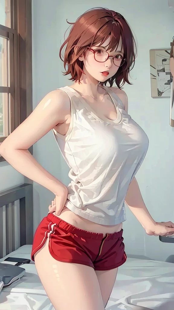 woman with short red hair, white eyes, glasses, tall body, big breasts, wearing a sexy Hotpants sport and tanktop in home