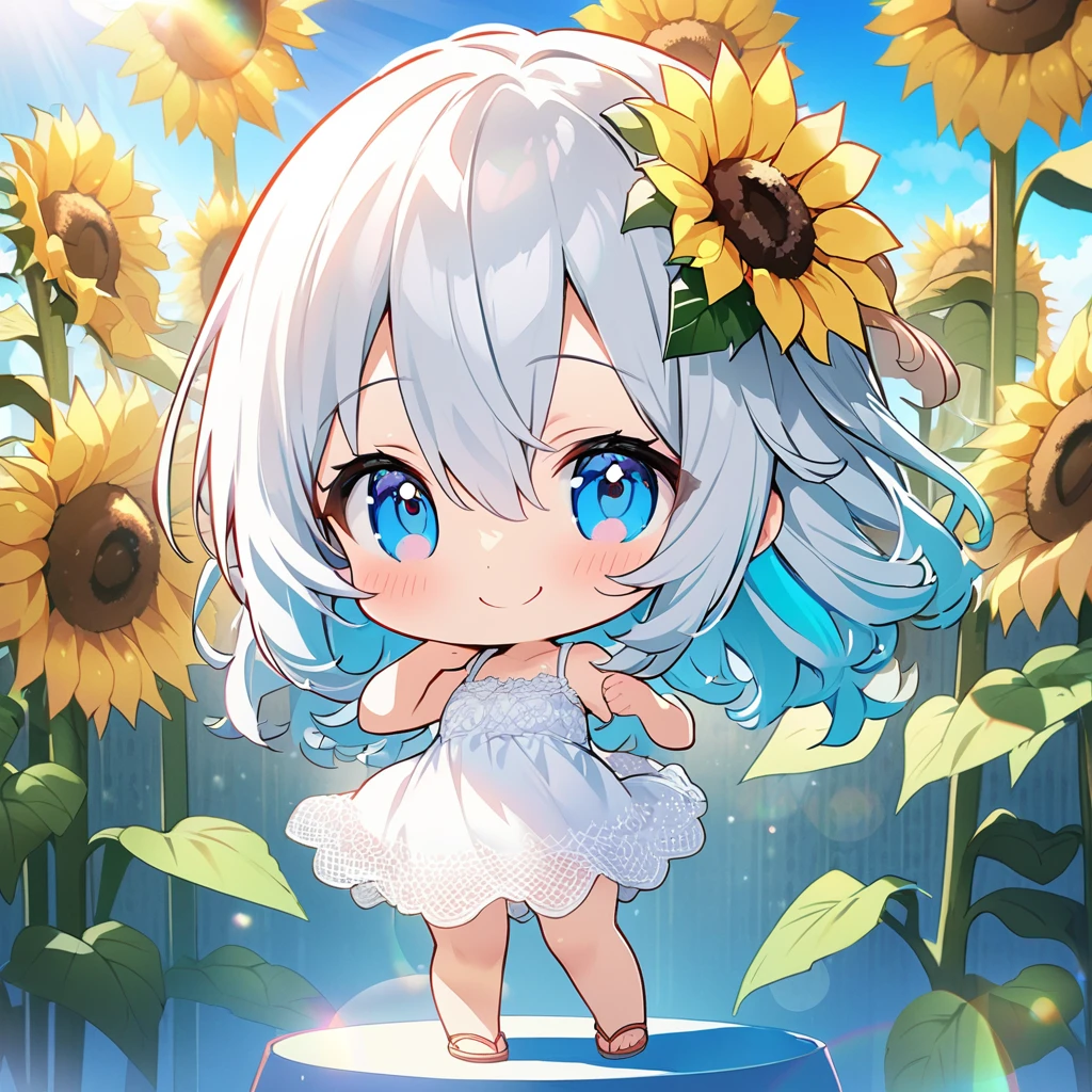 masterpiece, best quality, 4k、2D illustration, one beautiful girl, solo、(((chibi style)))、((vivid colors))、cute chibi, lovely chibi、((colorful))、cute pose, ((long beautiful hair)), glossy light silver hair, hair between eyes, cute, beautifully detailed eyes、((lacy white summer dress))、((straw hat))、((hibiscus hair ornament)), flip-flops, ((happy smile))、((full body shot))、((sunflower field))、((gentle breeze))、((blue sky))、sunbeam, white light, ((lens flare)), ((high color saturation)),