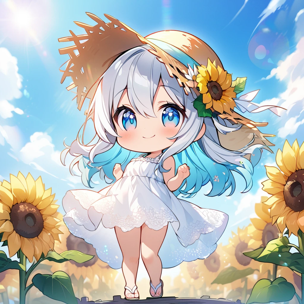 masterpiece, best quality, 4k、2D illustration, one beautiful girl, solo、(((chibi style)))、((vivid colors))、cute chibi, lovely chibi、((colorful))、cute pose, ((long beautiful hair)), glossy light silver hair, hair between eyes, cute, beautifully detailed eyes、((lacy white summer dress))、((straw hat))、((hibiscus hair ornament)), flip-flops, ((happy smile))、((full body shot))、((sunflower field))、((gentle breeze))、((blue sky))、sunbeam, white light, ((lens flare)), ((high color saturation)),