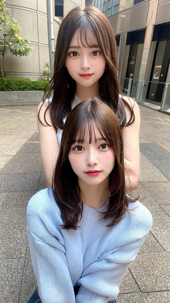 highest quality, shape, Very detailed, finely, High resolution, 8k wallpaper, Perfect dynamic shape, Beautiful and detailed, Summer clothes,Medium Hair,Natural color lip,smile,20-year-old girl、Midnight、Beautiful and elaborate face、Perfect and beautiful face、Slim face and figure,spread your arms wide,Big eyes,Take a photo with your face raised from below your knees、Small face、Beautifully detailed face、Perfect and beautiful double eyelids、Big cleavage、Long, Slender legs、One Woman、gravure、Skinny jeans、Watching the audience、runVery long hair, Blushing,