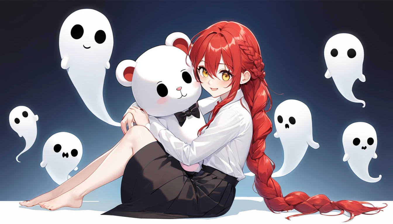 hand, hand, long hair, รอยsmile, smooth, Middle Page, (yellow eyes:1.2), long hair, red hair, braided ponytail, big eyes,นั่วHug a teddy bear,sexy,full body,Sitting position,Hug a teddy bear,smile,flirt,grave background,ghost,วิญญาณ Take a break shirt, long sleeve, white shirt, dress shirt, skirt, black skirt, It's official., suit, black nightie, lady, Take a break (Masterpiece:1.2), best quality, high resolution, Harmony wallpaper 8K, (illustration:0.8), (Beautifully detailed eyes:1.6), Very detailed face, perfect lighting, The CG is very detailed., (handที่สมบูรณ์แบบ, perfect anatomy),