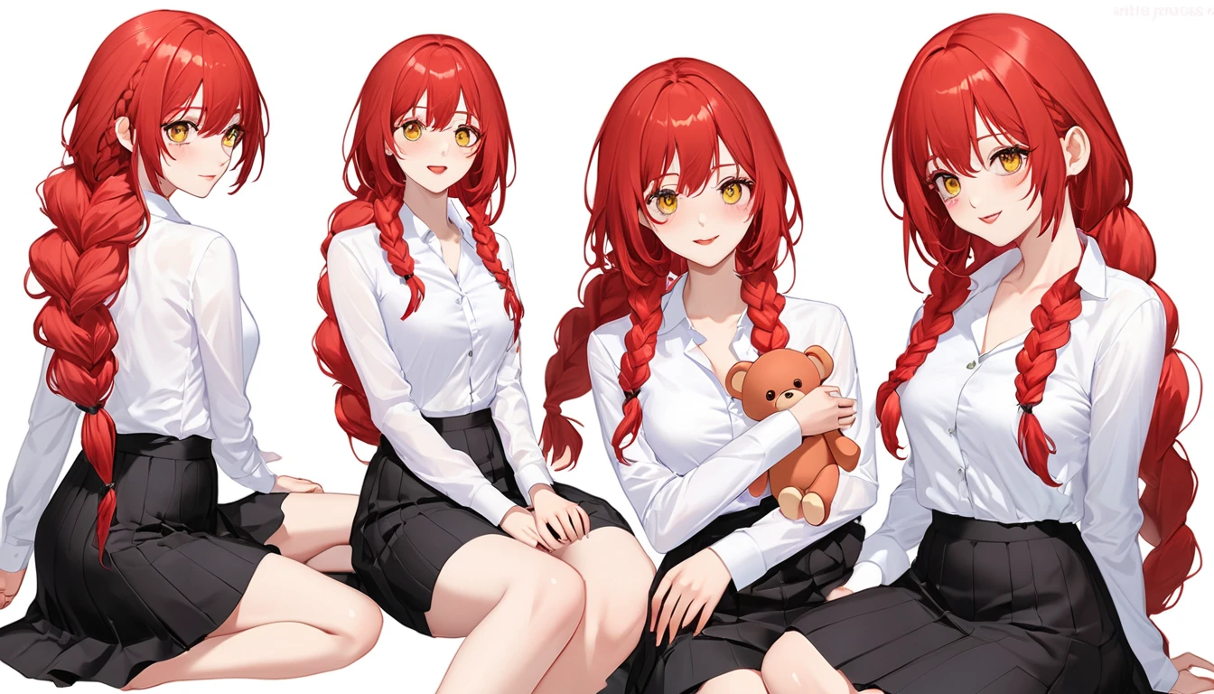 hand, hand, long hair, รอยsmile, smooth, Middle Page, (yellow eyes:1.2), long hair, red hair, braided ponytail, big eyes,นั่วHug a teddy bear,sexy,full body,Sitting position,Hug a teddy bear,smile,flirt,grave background,ghost,วิญญาณ Take a break shirt, long sleeve, white shirt, dress shirt, skirt, black skirt, It's official., suit, black nightie, lady, Take a break (Masterpiece:1.2), best quality, high resolution, Harmony wallpaper 8K, (illustration:0.8), (Beautifully detailed eyes:1.6), Very detailed face, perfect lighting, The CG is very detailed., (handที่สมบูรณ์แบบ, perfect anatomy),