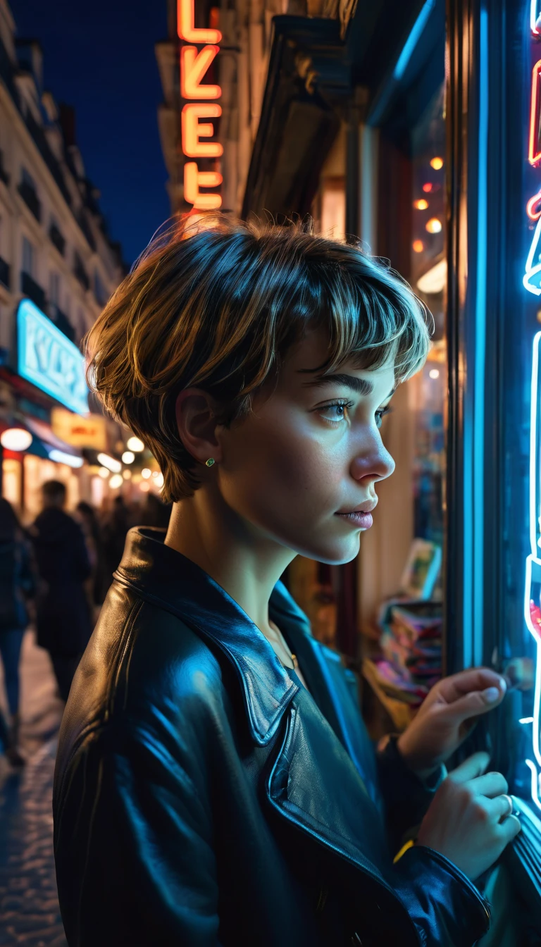 candid Street photography photo of a stylish French girl, with short hair, capturing her while window-shopping, upper body framing, on a quaint Parisian street, with neon lighting from shop signs, shot from a high angle, with a (bokeh effect:1.3), (in the style of Steven Klein:1.4)
