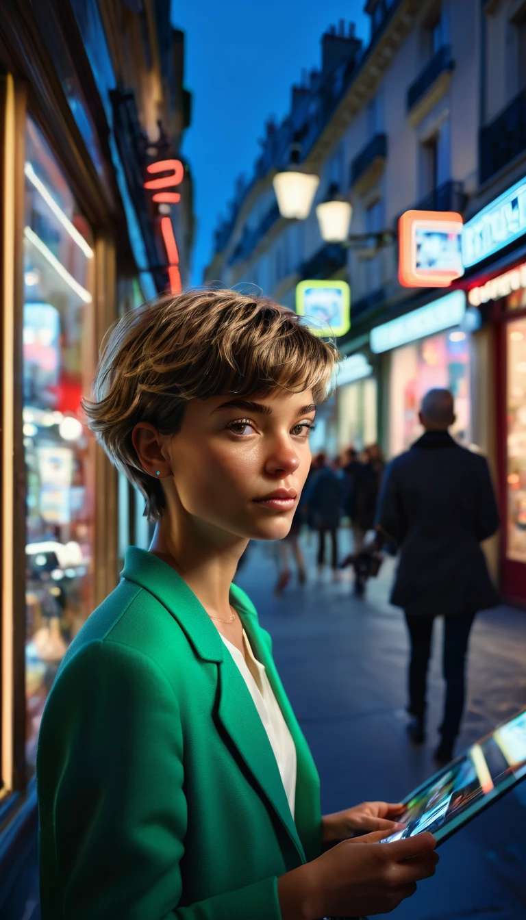 candid Street photography photo of a stylish French girl, with short hair, capturing her while window-shopping, upper body framing, on a quaint Parisian street, with neon lighting from shop signs, shot from a high angle, with a (bokeh effect:1.3), (in the style of Steven Klein:1.4)
