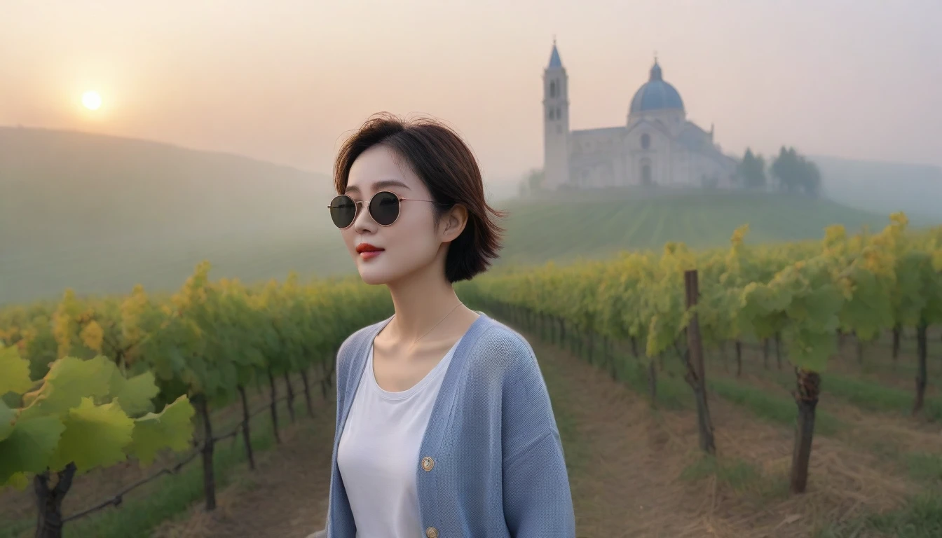 8k realistic, lifelike photo,, 36 year old Korean woman, Short in stature, pretty like a model. White shirt and short cardigan, casual pants, short medium hair, Smiley, Italy. vineyard, thick dawn fog. vineyard 멀리 짙은 안개 속으로 I can see the cathedral. 1 woman, Short in stature, Excellent picture quality, The morning fog is thick, The picture quality is alive. Looking up the side, black sunglasses, sunrise red light, Wide angle lens full body shot, I can see the cathedral