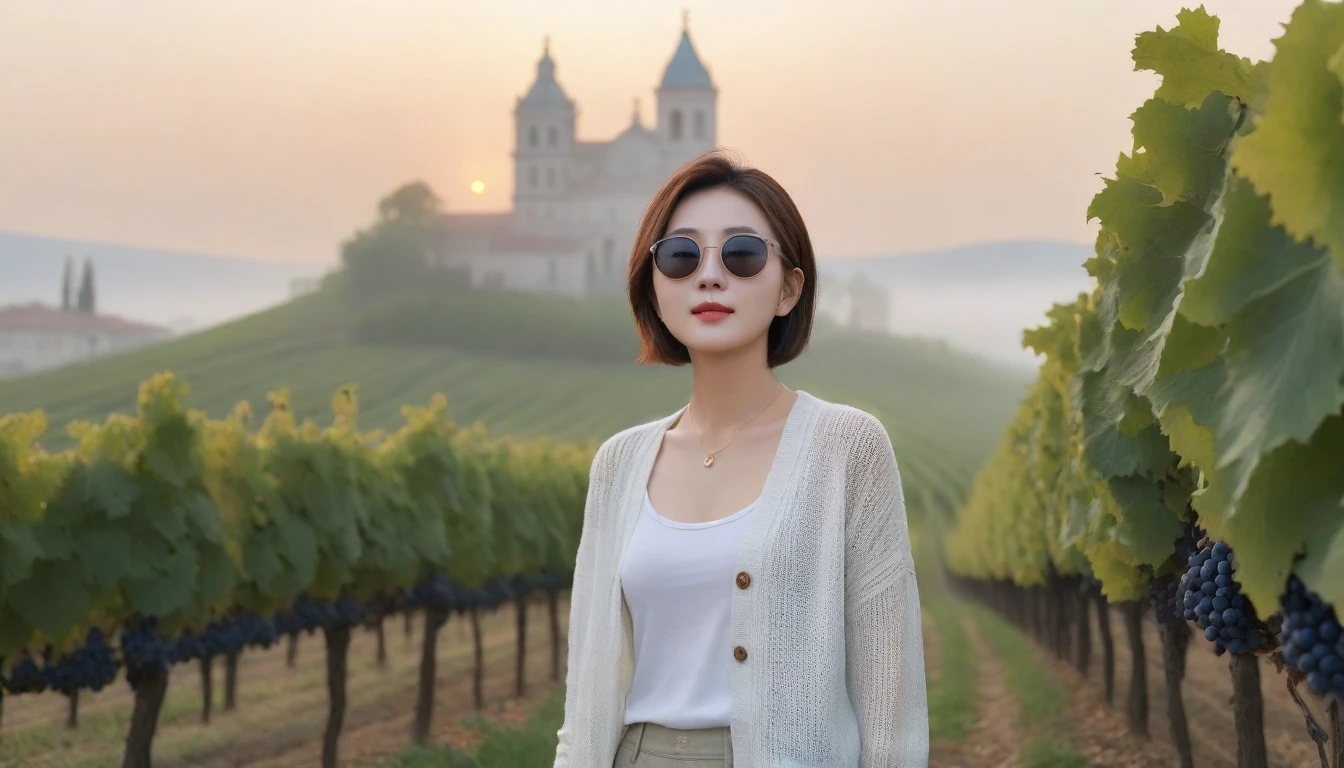 8k realistic, lifelike photo,, 36 year old Korean woman, Short in stature, pretty like a model. White shirt and short cardigan, casual pants, short medium hair, Smiley, Italy. vineyard, thick dawn fog. vineyard 멀리 짙은 안개 속으로 I can see the cathedral. 1 woman, Short in stature, Excellent picture quality, The morning fog is thick, The picture quality is alive. Looking up the side, black sunglasses, sunrise red light, Wide angle lens full body shot, I can see the cathedral