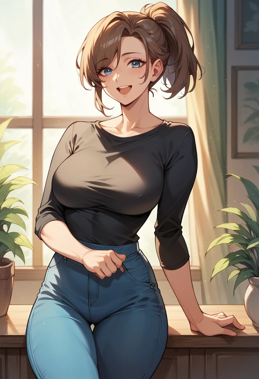 beautiful sexy hot tall aunt with brown ponytail hair, blue eyes, blackshirt, blue pants, happy