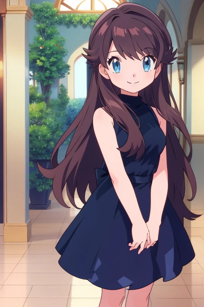 (masterpiece, best quality), intricate details, 1girl, green (pokemon), brown hair, blue eyes, looking at viewers, standing up straight, sleeveless black dress, smile, indoor, pokemovies
