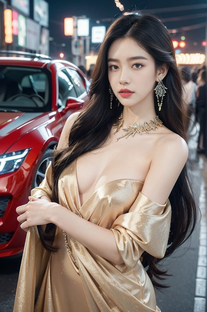 (((best quality))),(((ultra detailed))),(((masterpiece))),illustration,((1girl,gorgeous female model,solo)),((earrings,crystal collar)),((slim,thin)),((small breasts,flat chest)),(slender legs:1.2),(standing:1.3),(beside a sleek futuristic car:1.3),(glamorres sparkled dress:1.3),intricate embellishments,drop-dead gorgeous,(shoulder length straight hair:1.2),vibrant piercing eyes,delicate facial features,rosy cheeks,parted res lips,confident allure,beauty grace,intricate patterns,shimmering fabric,elegant draping,complementary skin tone,radiates beauty,allure,sleek streamlined design,futurism,smooth curves angles,ambient lighting,ethereal aura,intricate patterns,LED lights,glow,sea of activity,(surrounded by crowded crowds:1.3),examine cars,electric atmosphere,cyberpunk style,excitement anticipation,energy palpable,enthusiasm future automobiles,modern elegance,technological innovation,captivating vibrant scene,invite viewers step into future,embrace beauty,((from front,upper body))