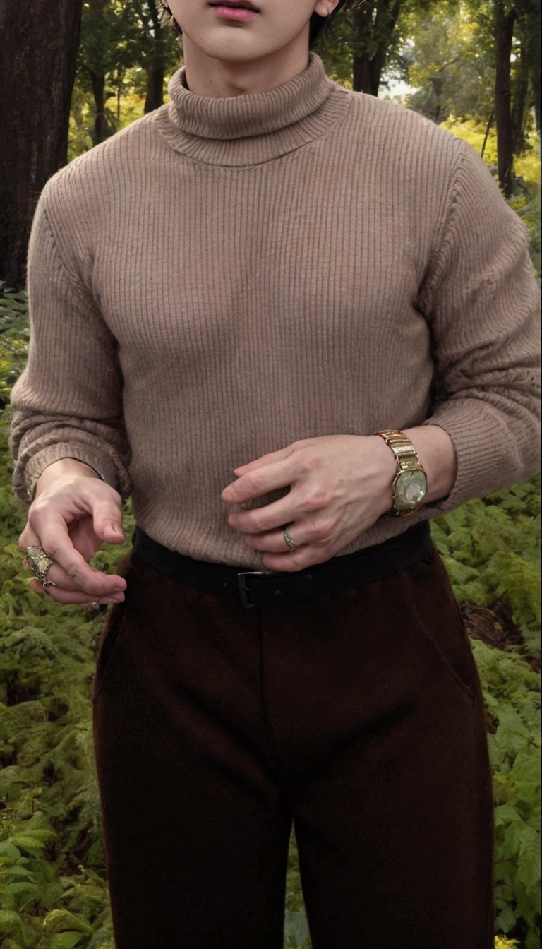 trimmed man in turtleneck sweater and brown pants, he is wearing a brown sweater, dressed in 1970s men's clothing, style of anton fadeev, brown sweater, wearing casual sweater, andrei riabovitchevy, style from greg rutkowski, wearing turtleneck, highly aesthetic, wearing a sweater, leaked image, Kim Namjoon BTS, bts Namjoon