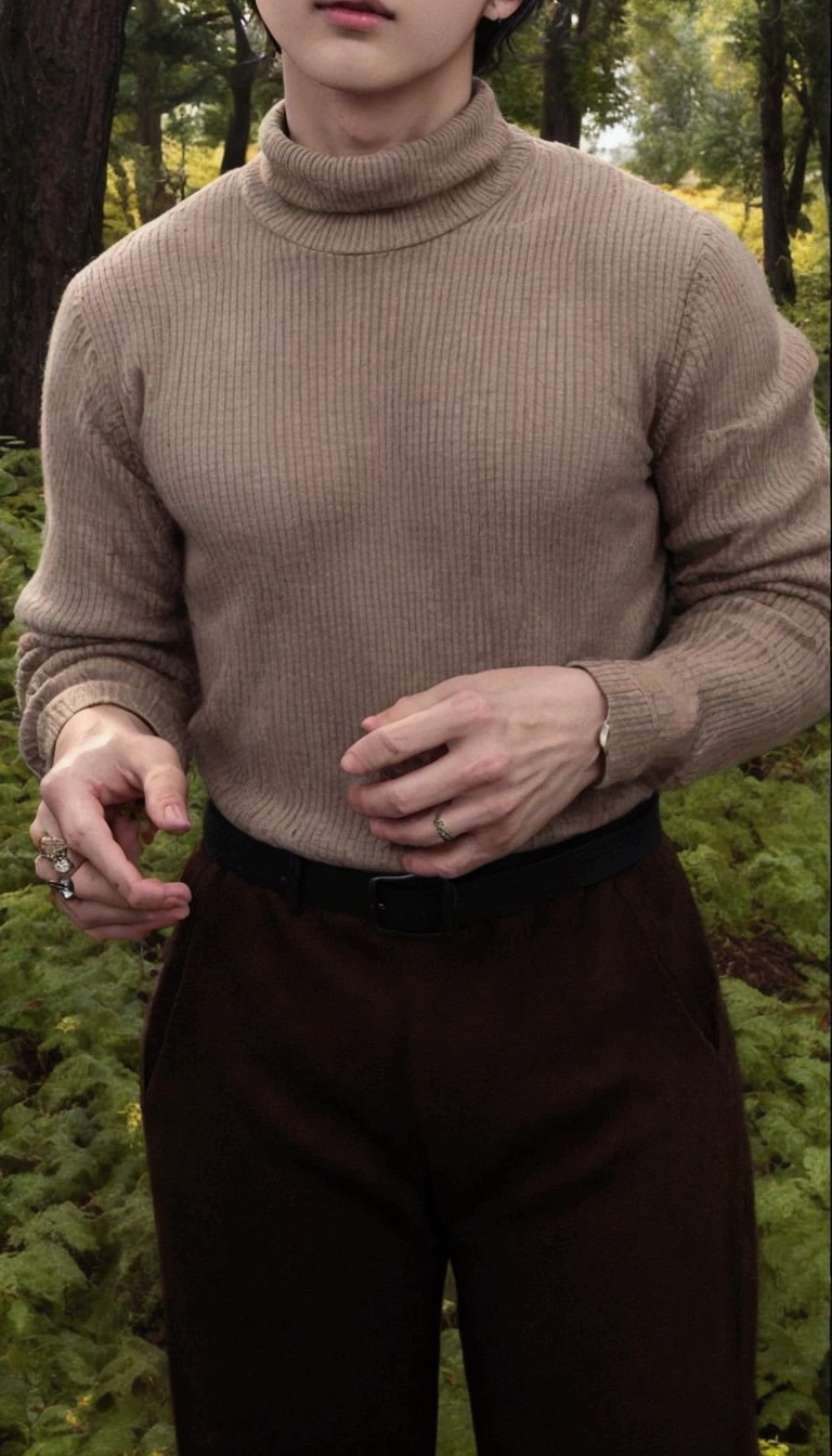 trimmed man in turtleneck sweater and brown pants, he is wearing a brown sweater, dressed in 1970s men's clothing, style of anton fadeev, brown sweater, wearing casual sweater, andrei riabovitchevy, style from greg rutkowski, wearing turtleneck, highly aesthetic, wearing a sweater, leaked image, Kim Namjoon BTS, bts Namjoon