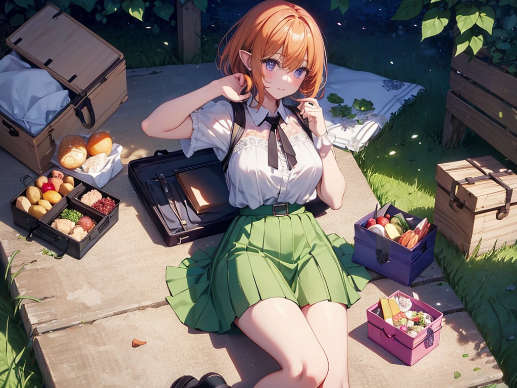 Woman sleeping on her back, (Recall,food:1.3),(picnic:1.3),basket, Elf Ears, Park with a view, Highest quality, grassland park, blue sky, hiking, Best image quality,Perfect Anatomy,masterpiece,Ultra-detailed,beautiful,super high quality, Highest quality,High resolution, Very detailed,Game CG,Dutch Angle ,beautiful細部までこだわった目,Visual Arts,Five Fingers, Perfect hands,Hide your hands, {{{One Girl}}}, beautiful詳細な女の子, Game CG, Spring flower, One curl on the outside, Short Bob Hair, Pastel orange hair, Purple eyes,Stylish accessories solo, breast enhancement, Medium Shoot, woman, Take-out, Laughter, huge ,,Pastel green checkered mini skirt,Black knee-highs, {{{{{Wearing a pastel green camisole}}}}},Open your mouth, wonderful, beautiful細部までこだわった目, Highest quality, Very delicate,Masseter muscle area,Highest quality,(Official Art、Highest quality、Unity 8k wallpaper、32K、masterpiece、Ultra-detailed、超High resolution、Realistic、Photorealistic:1.2)、(Cinema Lighting:1.2)、Fire Glow Effect、The most grainy shadows on the film、Side light、Side Shot、(Ultra-detailedで複雑な3Dレンダリング)、Atelier Series, Multiple Girls