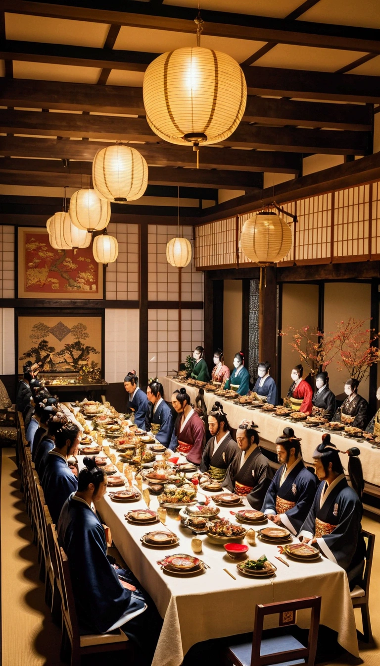 A lavish banquet in feudal Japan hosted by Oda Nobunaga, with luxurious decorations, musicians playing, and guests enjoying the feast.
