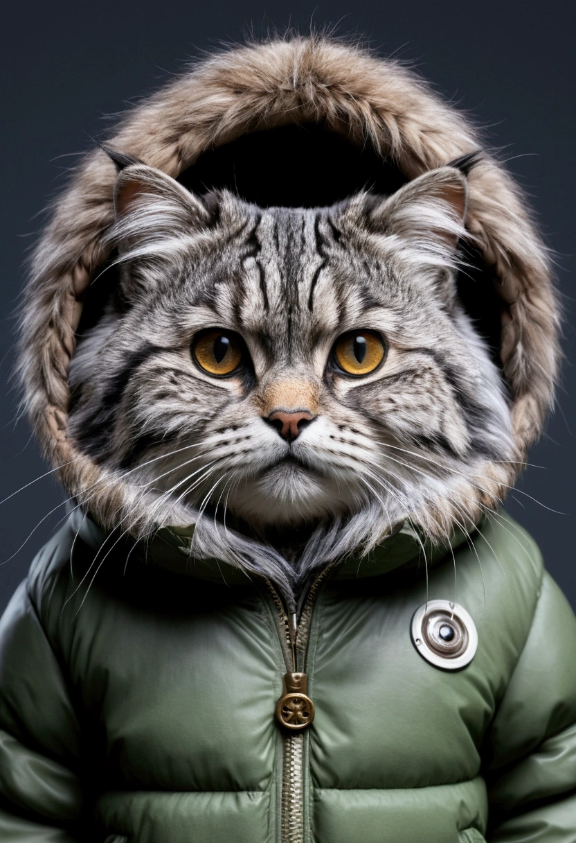 Manul cat Ghibli style Wearing a down jacket