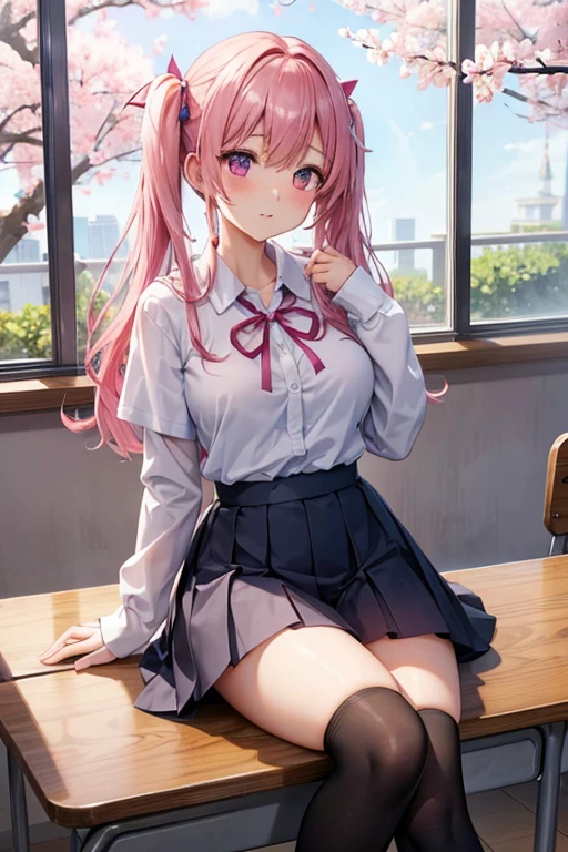 female、female子高生、love愛ゲーム、heroine、love、student、美少female、pink、In the classroom、cherry blossoms、Light、spring breeze、fluffy、Soft and fluffy、cute、Loose atmosphere、Twin tails、Hair blowing in the wind、Calm、ephemeral、School uniforms、shirt、ribbon、skirt、Large Breasts、Thighs、Black knee-high socks