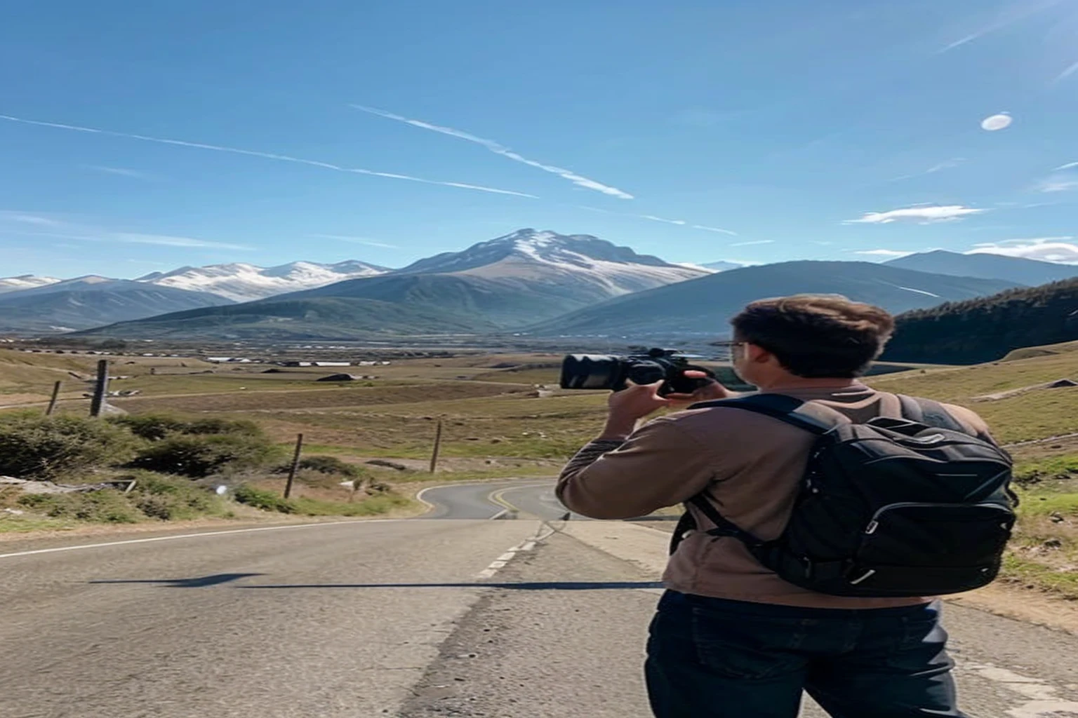 Man carrying a tripod to take pictures Facing forward, behind us is a mountain view with a road.