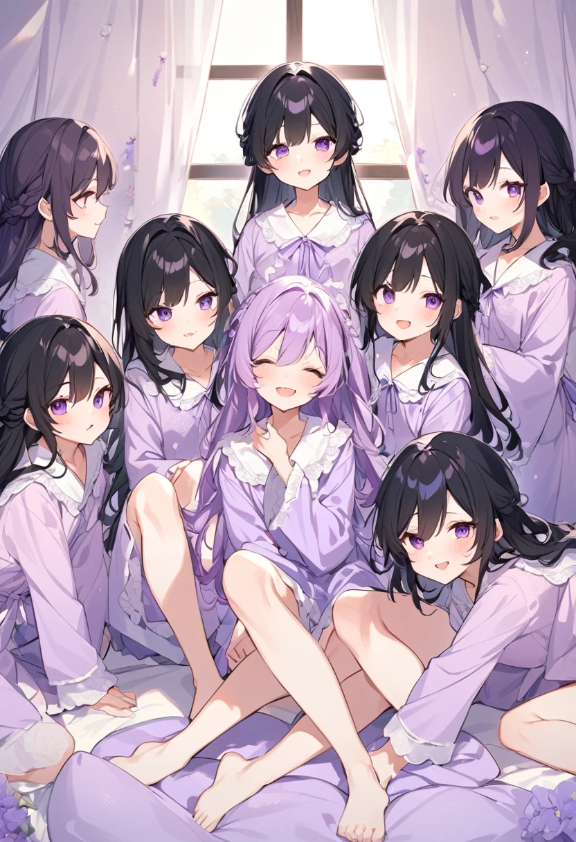Keito。Purple pajamas Purple eyes。Black Hair。barefoot。six sisters。They both have lavender hair。all female。Sextuplets。Purple bed