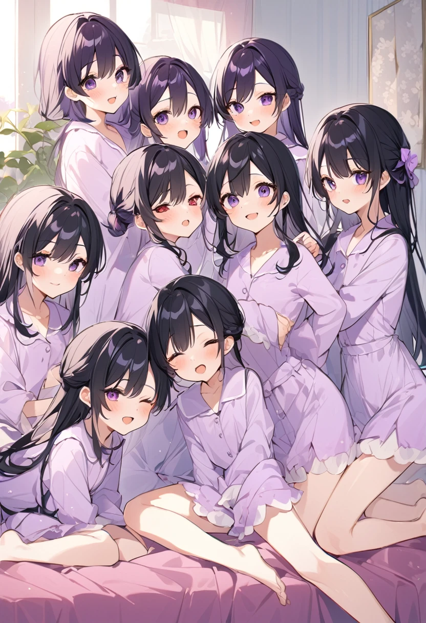 Keito。Purple pajamas Purple eyes。Black Hair。barefoot。six sisters。They both have lavender hair。all female。Sextuplets。Purple bed