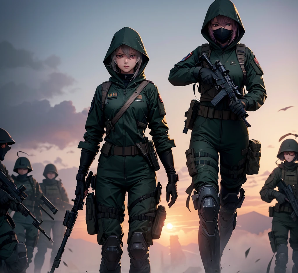 a squad of armed female soldiers in deep violet m-51 hooded military uniforms,hooded,individual combat equipment sets,military pants,kneepads,detailed information,masterpiece,best quality,highly detailed cg,8k,cinematic lighting,dramatic poses,intense expressions,gritty atmosphere,volumetric fog,realistic textures,dynamic composition,vibrant colors,chiaroscuro lighting