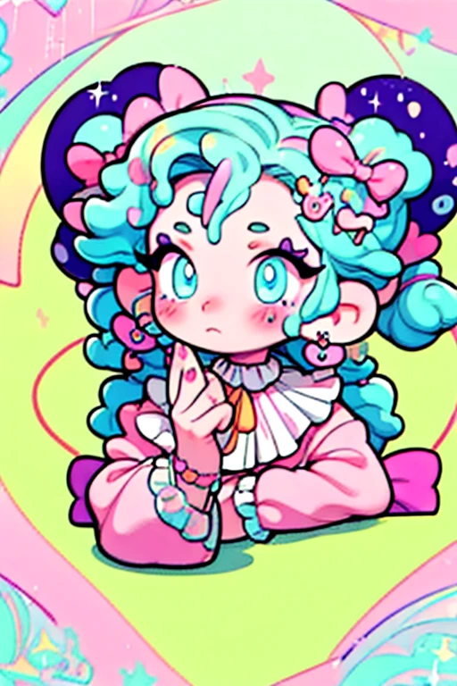 best quality, masterpiece,Horror, female, circus, clown, clown mask, clown hat, ruffled neck, ribbon, many masks, stage, frame, knife,darkness,shadow,shadow, girl, colorful, glowing bubbles, iridescent, watercolor, cheerful,kawaiitech, pastel colors, kawaii, cute colors