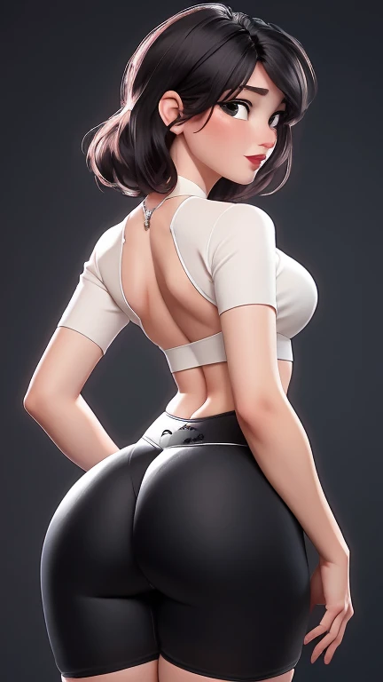 (best qualityer:1.4), body focus, (cute face), work of art, ultrarealistic, (((best qualityer))), ((comely Finger)), Gorgeous character design, ,lighting perfeita, colorfully, Ablaze_front_face_lighting, ultra high resolution, high resolution, absurderes:1.2, bokeh:1.2, Lens flare, (Vibrant_colour:1.2), (comely, medium breasts:1.2), (thick-thighs:1.1), thick,
Animated female character, sideways, Pale skin, face covered by hair, ((wearing tight lycra shorts sexy lingerie seducive lace lingerie)), ((wearing ultra-tight black lycra shorts and white top)), open legs, ((sexy lingerie)), silver necklace with pendant, wrinkles, Red lips, long hair, big ass view, ((view from the back)), ass view, emphasize the back, straight vision 100% Rearend, side, ((emphasis on the buttocks))