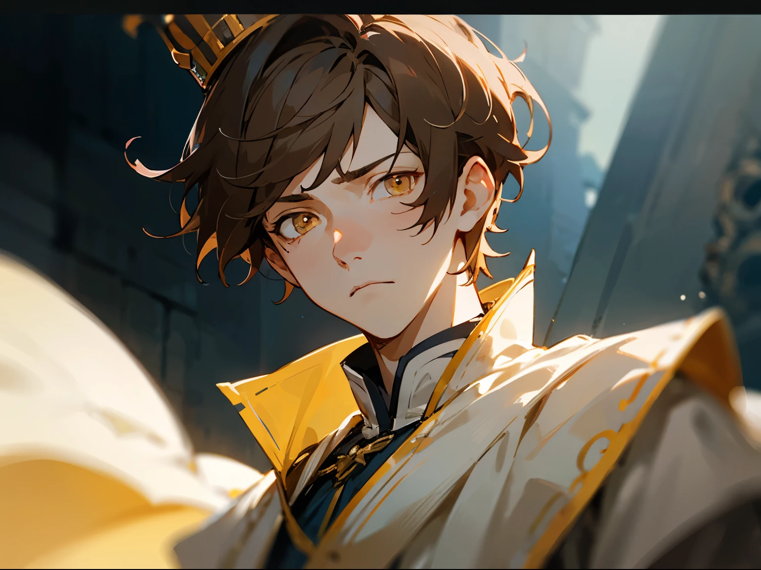 1man, cold, neutral, strict, uncaring expression, prince, straight brown hair, short hair, strict, light yellow eyes, noble, pale skin, dull colors, royal clothes, crown, 20yo, adult face, sharp focus, mature, masculine, blurry foreground, cinematic lighting