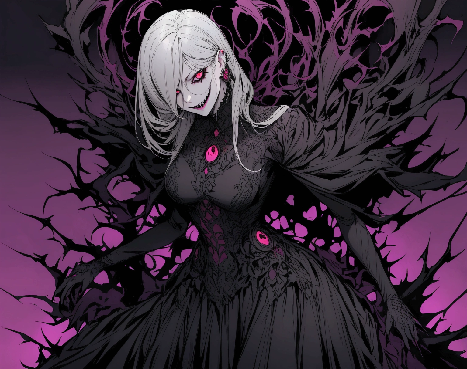 sinister woman, with a smile with sharp teeth that go from ear to ear, Terror