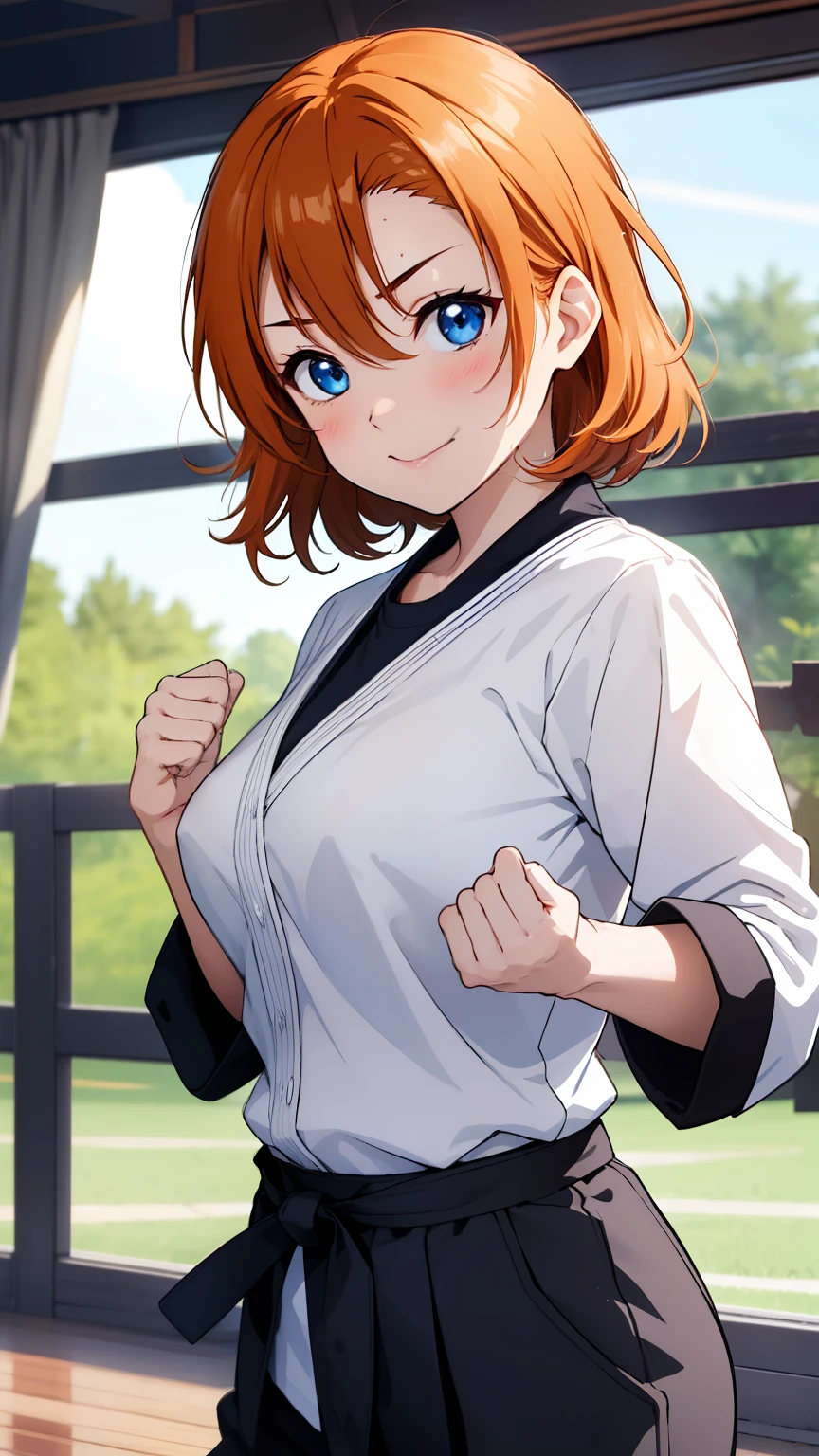 (masterpiece, 最high quality, high quality), Upper Body,Volumetric lighting, figure, beautiful, Perfect lighting, Perfect Shadow, (Nice views:1.1), Blushing, In-person audience, Are standing,Honoka Kousaka, blue eyes, Orange Hair,Empty-handed,White Karate Custom, Big Breasts, sweating, smile、Straight punch、In-person audienceにStraight punch、Raise your fist towards the audience、Serious、Desperate