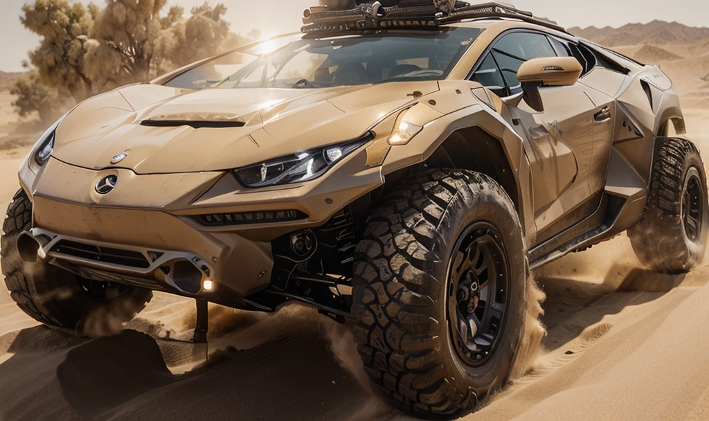 Generates an action scene in which a military off-road vehicle chases a black Mercedes in a vast desert. The Mercedes, with a powerful engine, moves at high speed avoiding dunes and rocks, while the military vehicle follows closely, raising large clouds of dust. The chase is frenetic, with the Mercedes performing risky maneuvers to evade the military vehicle, who tries to close the distance with occasional explosions and gunshots. the sun shines brightly, creating a dramatic contrast to the arid landscape. Tension rises as both vehicles approach a sandstorm on the horizon.